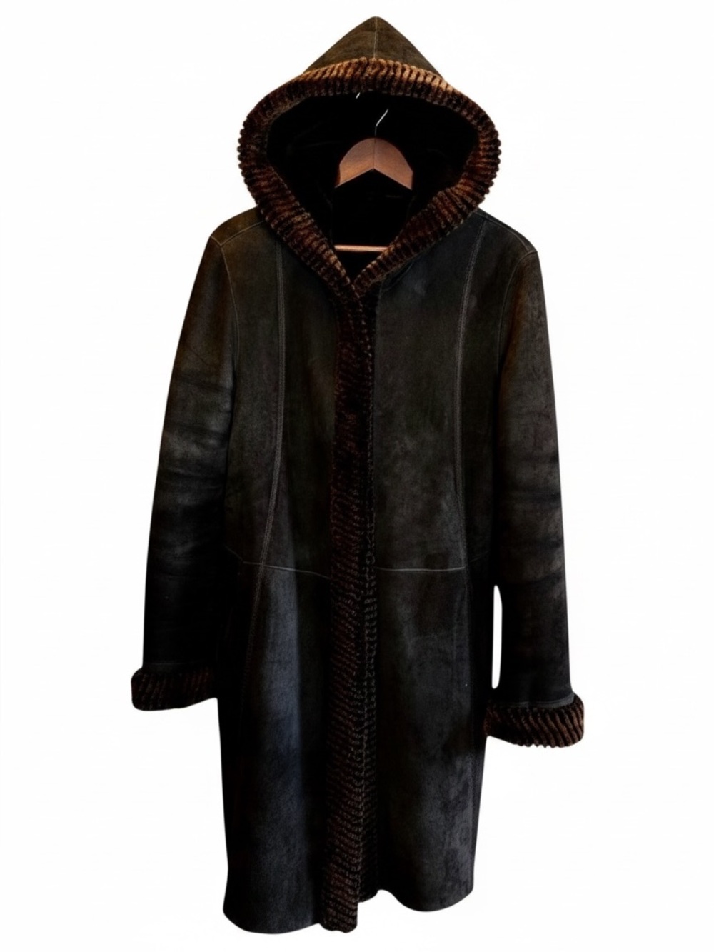 Genuine Shearling Sheepskin Hood Suede Soft Warm Coat Chocolate Brown XL